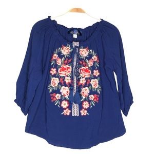 Blue Rain Flowers Embroidered Royal Blue Blouse